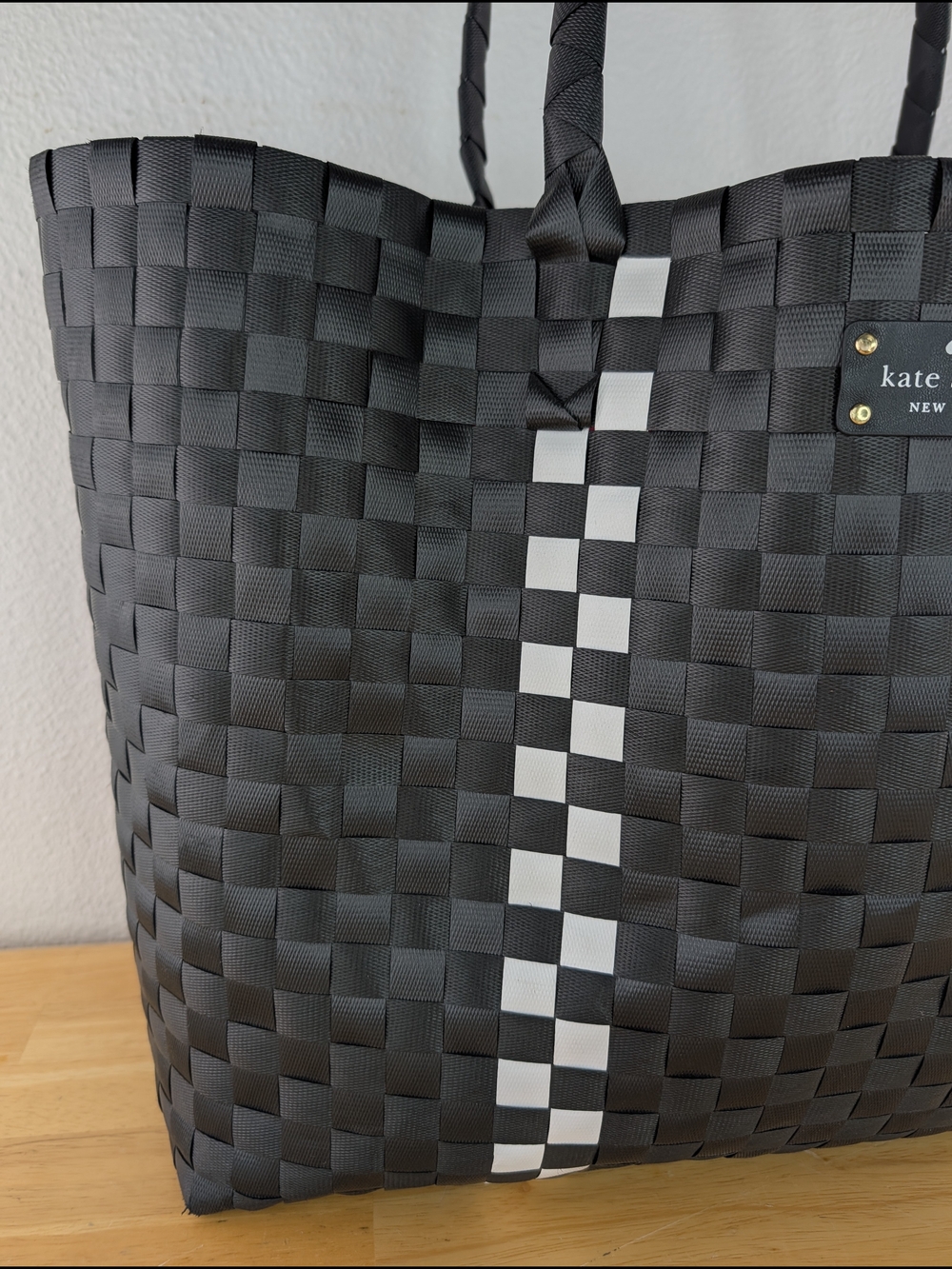 Kate Spade Black White Checker Stripe Basket Weave Woven Tote Bag Beach Shopping - Picture 3 of 16
